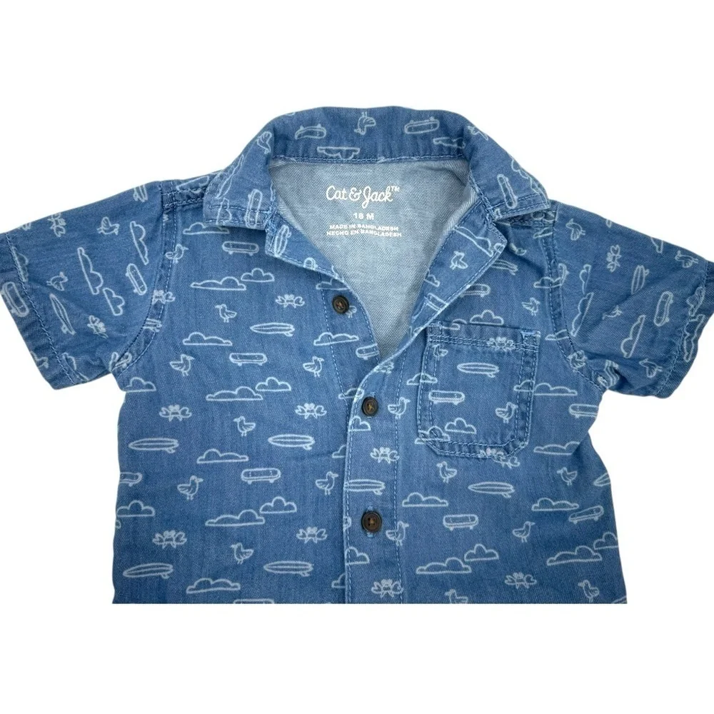 Cat & Jack Short Sleeve Denim Button-Down Shirt Pull On Shorts Set Medium Wash